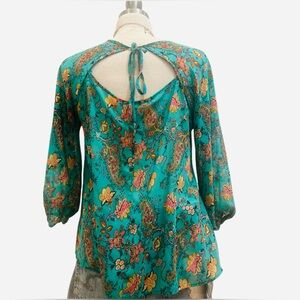 AINA BE- Teal Sheer Floral Open-Back Blouse